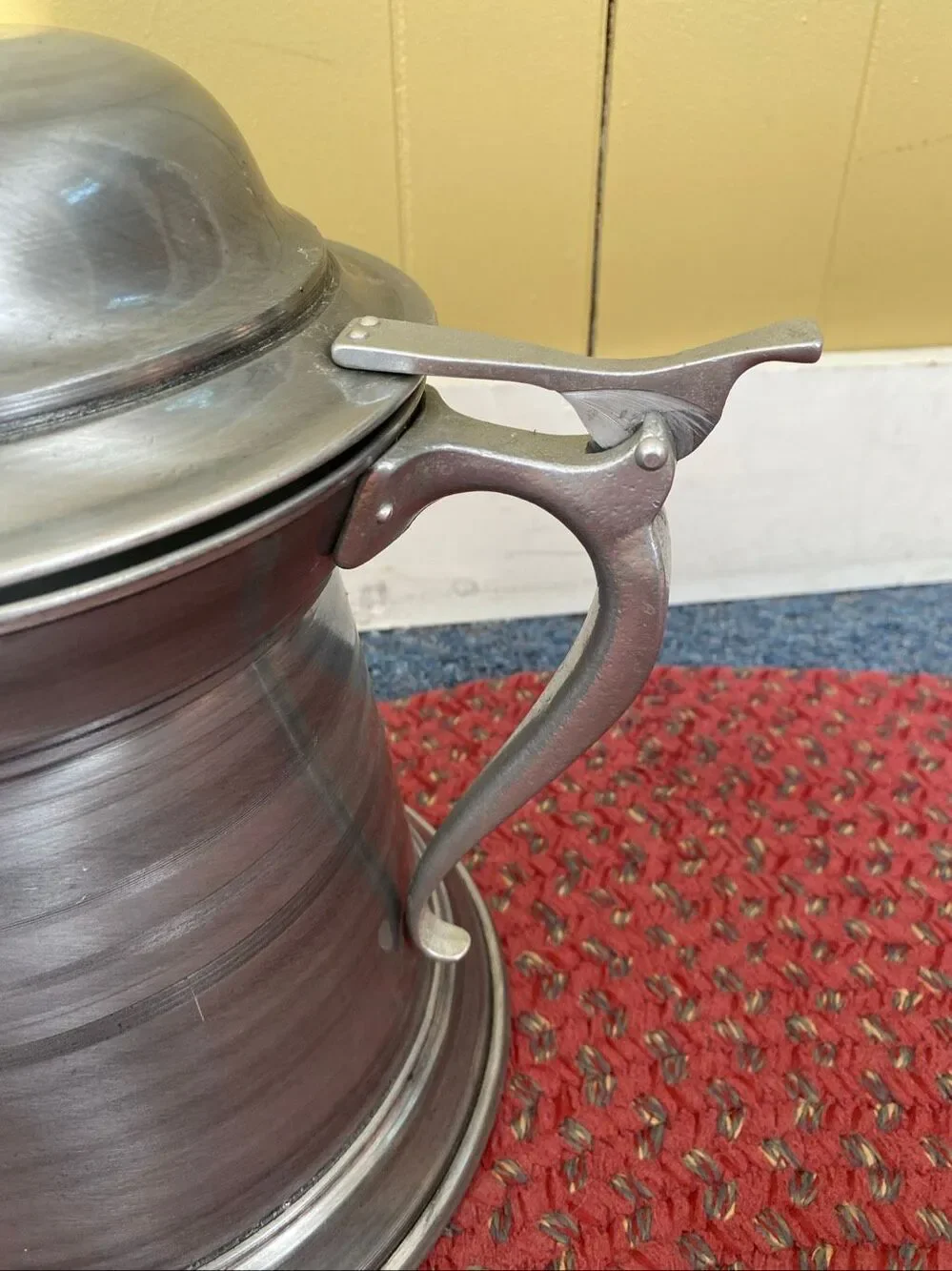 Giant vintage pewter insulated tankard with flip top lid and plastic insert